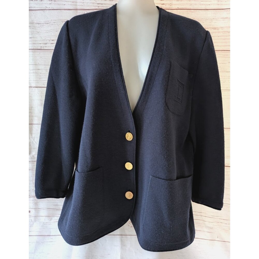 Devernois Paris Women Cardigan Jacket Navy Blue Wool Blend Coat Of Arms Size 14